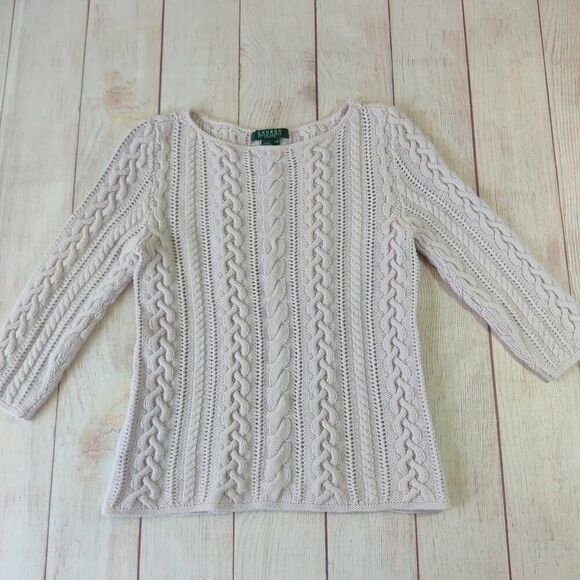 Lauren Ralph Lauren cable knit cotton 3/4 sleeves sweater sz PM - Picture 5 of 7
